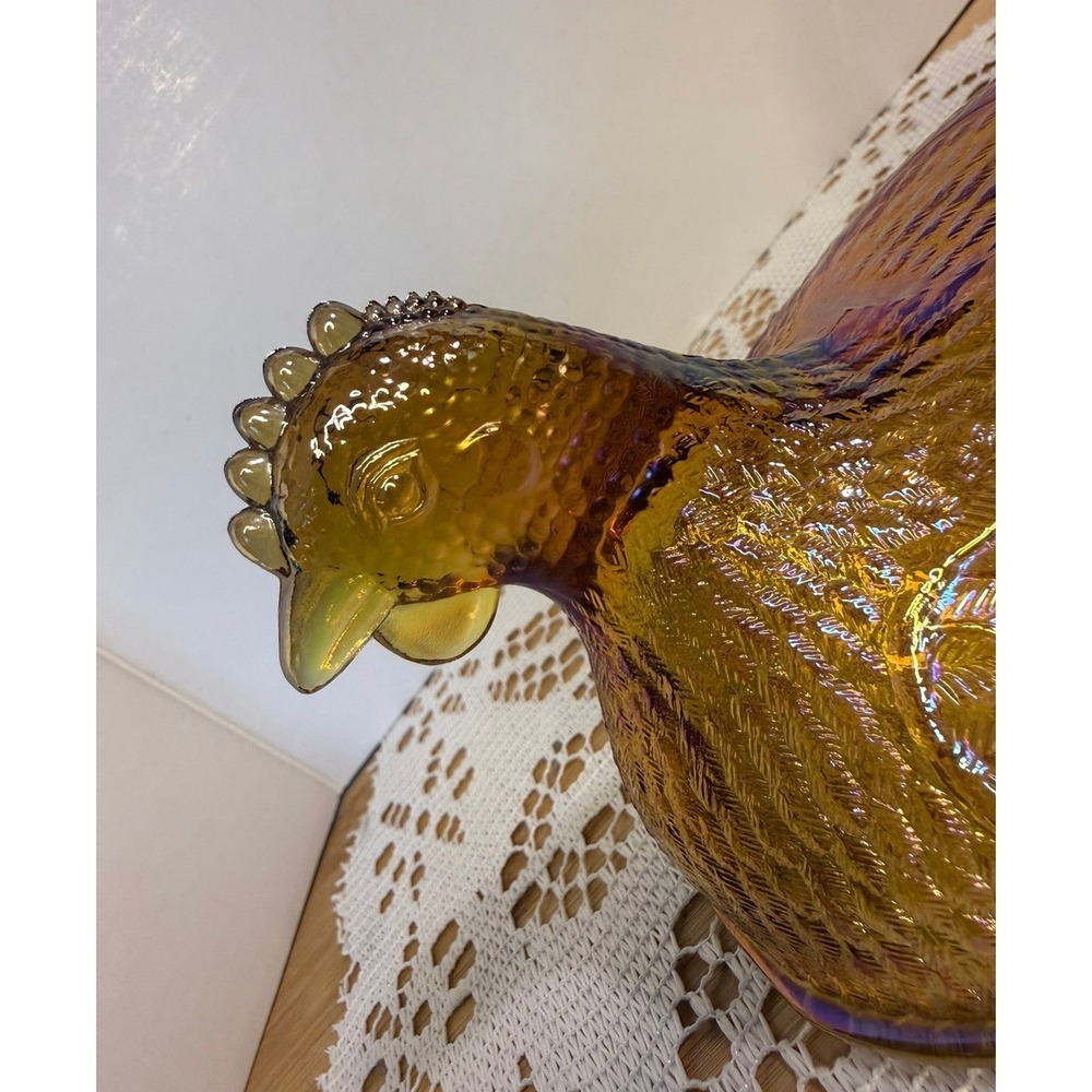 Indiana Glass Amber Carnival Glass Hen on Nest Beaded Candy Dish Vintage - Picture 4 of 16